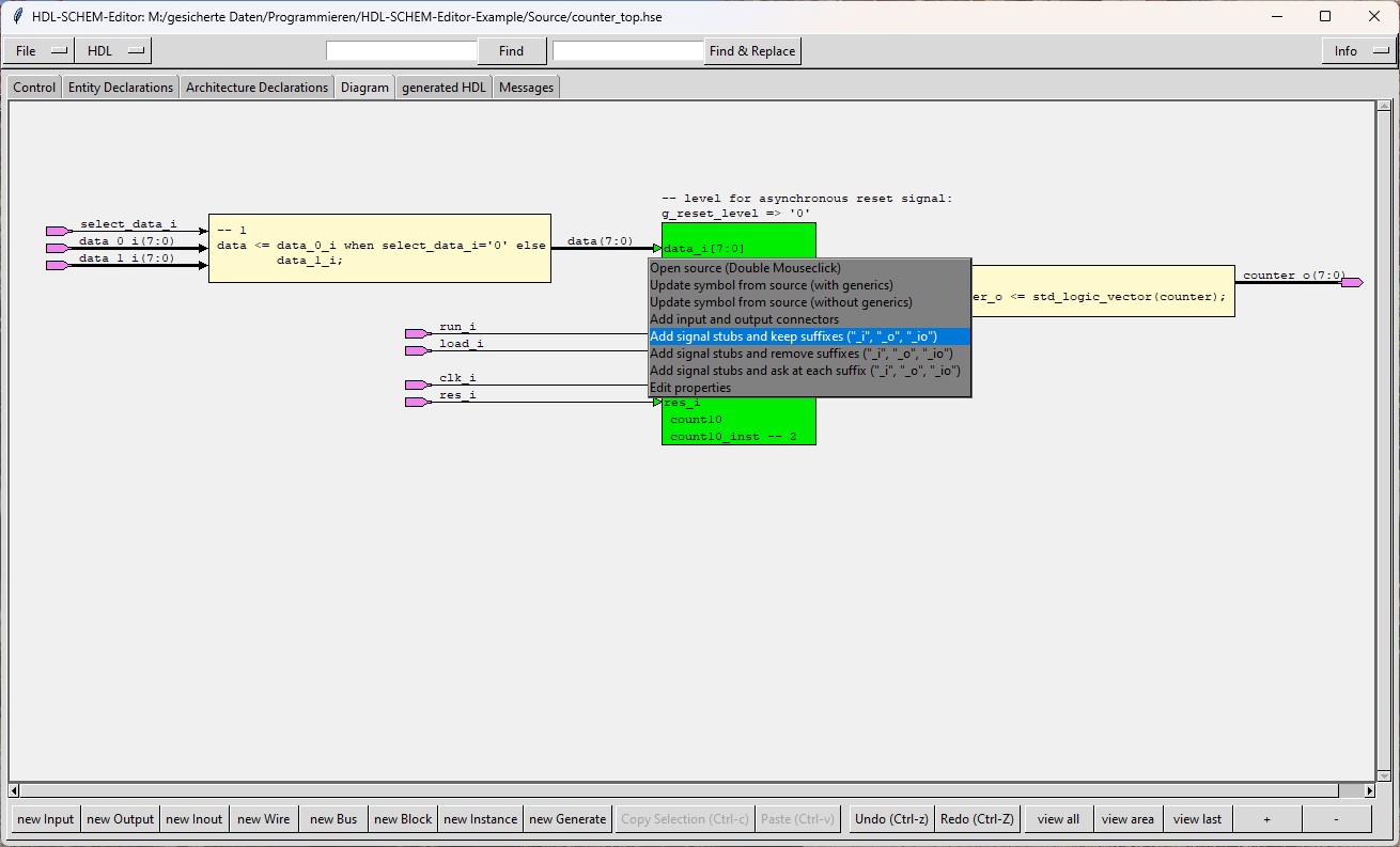 HDL-SCHEM-Editor window showing an example design