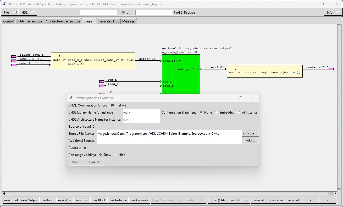 HDL-SCHEM-Editor window showing an example design